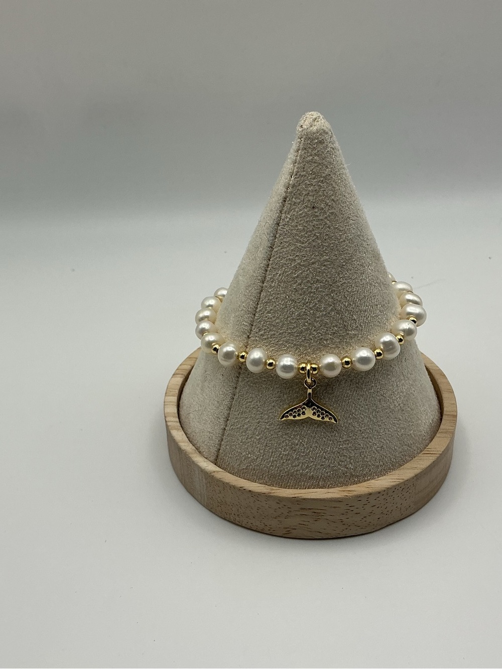 Gold & White Pearl Bracelet with Whale Tail Charm